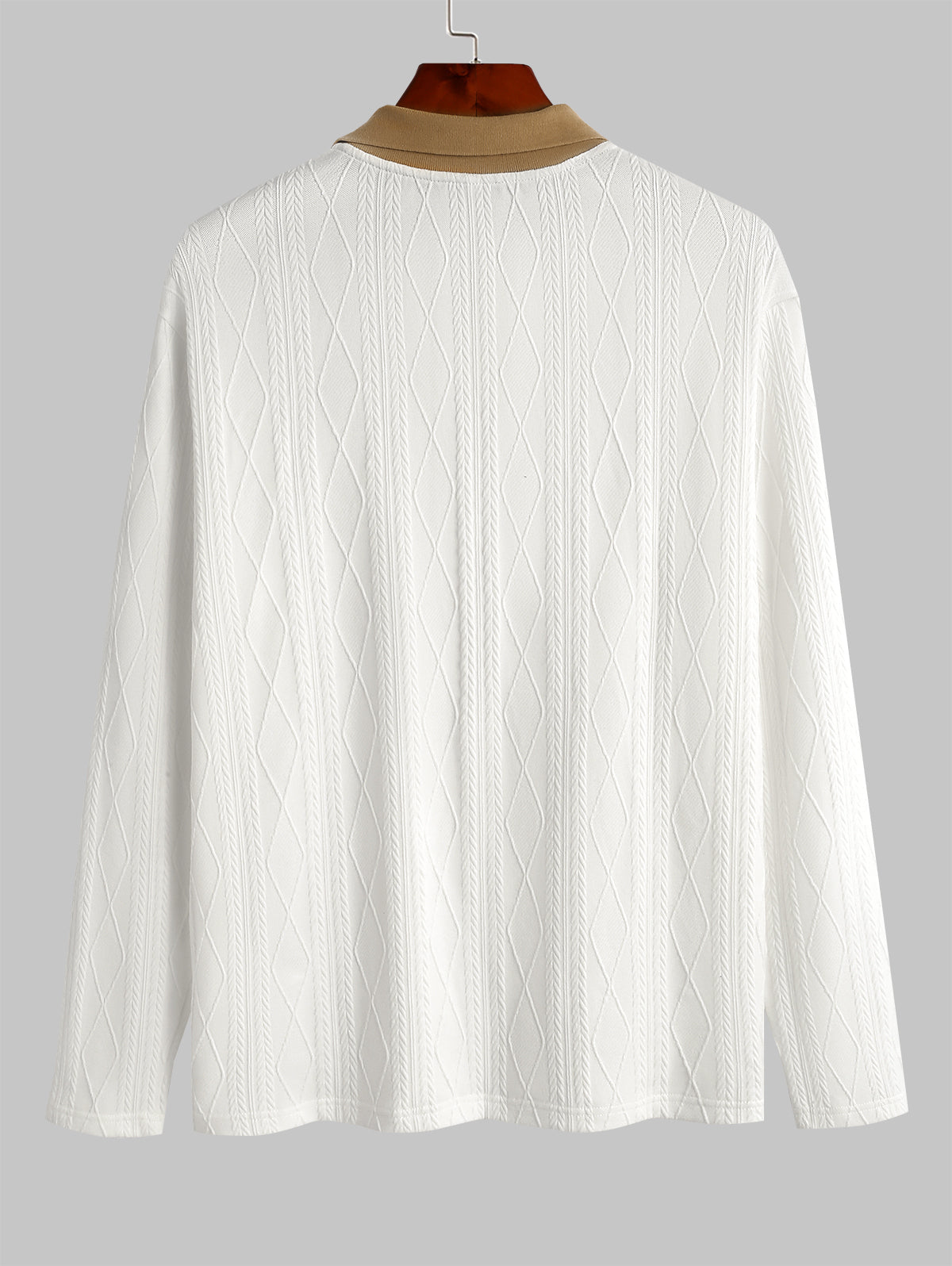 Men's Polo Collared Buttons Colorblock Geometric Jacquard Textured Knitted Long Sleeves T Shirt