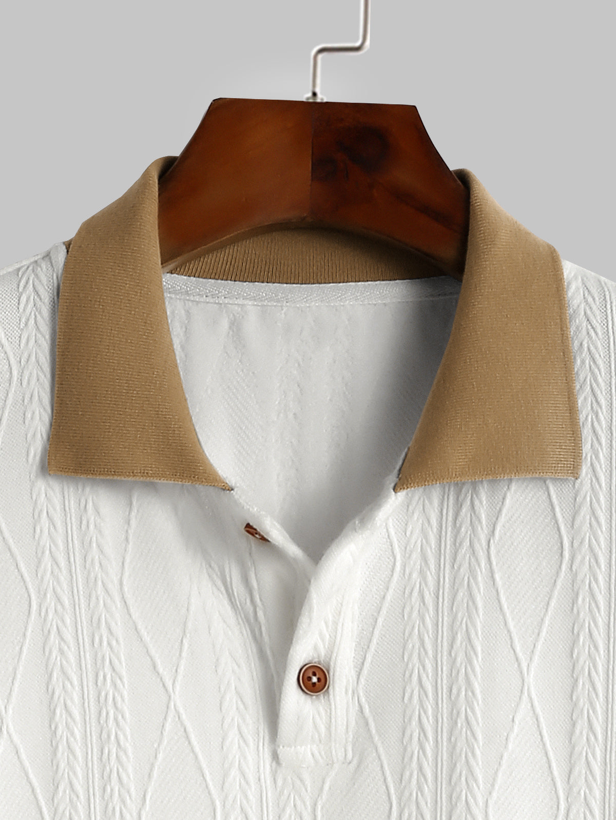 Men's Polo Collared Buttons Colorblock Geometric Jacquard Textured Knitted Long Sleeves T Shirt