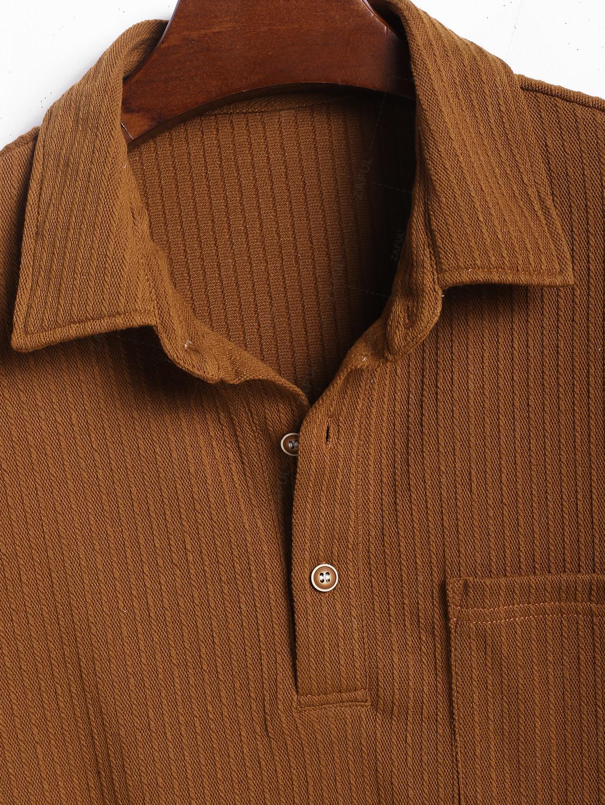 Men's Knit Ribbed Half Buttoned Front Pocket Design Polo Collar Long Sleeves T-shirt