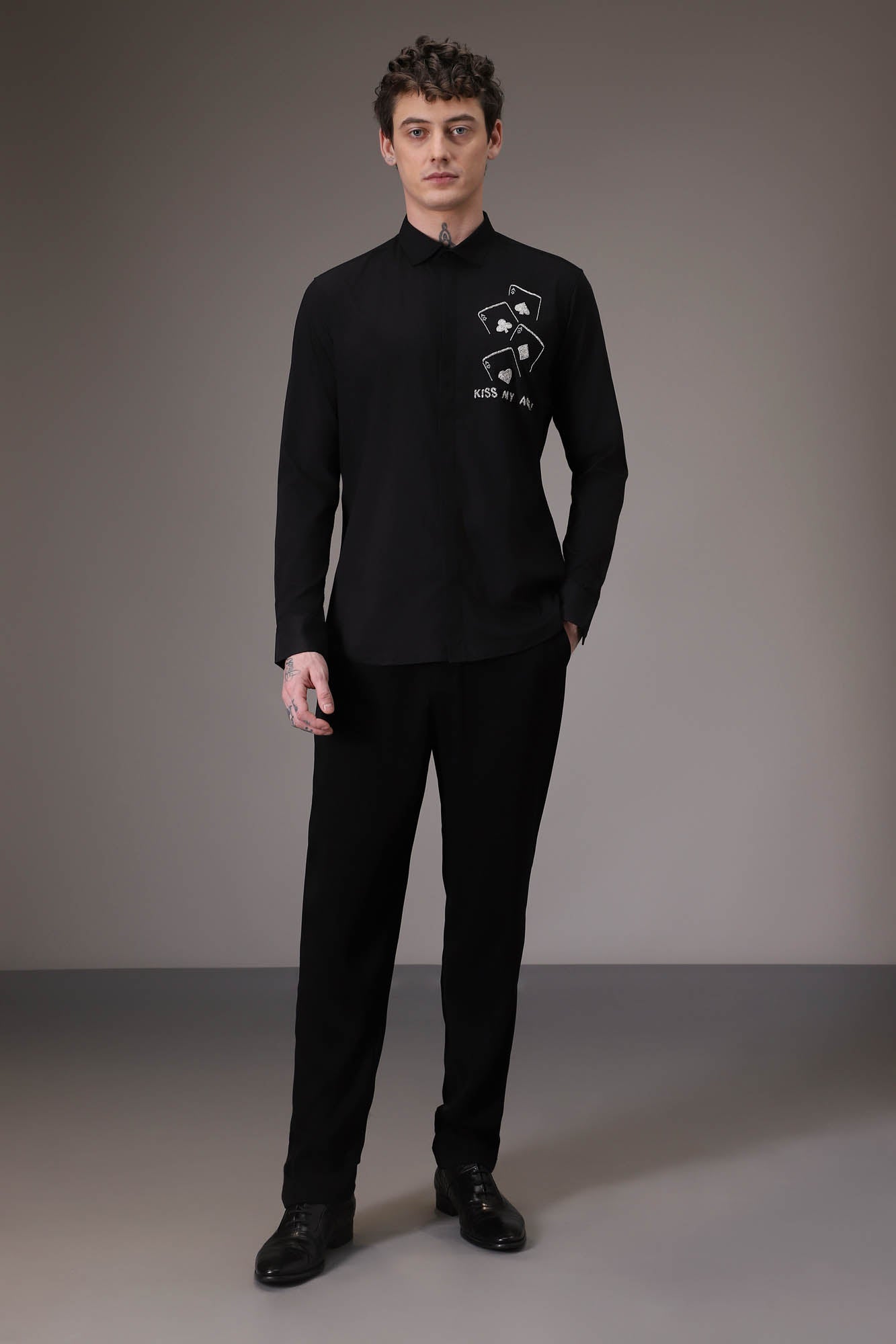 Kiss My Ace hand embroidered designer shirt - Black