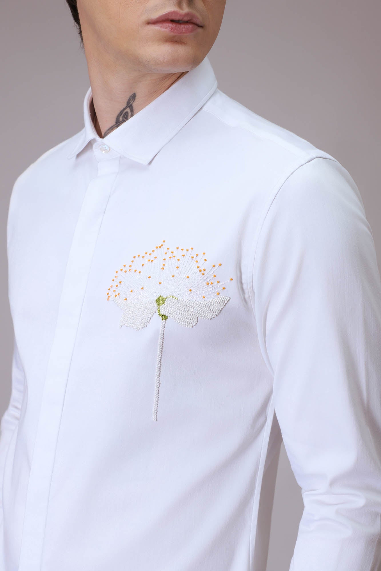 Dandelion Flower hand embroidered designer shirt - White