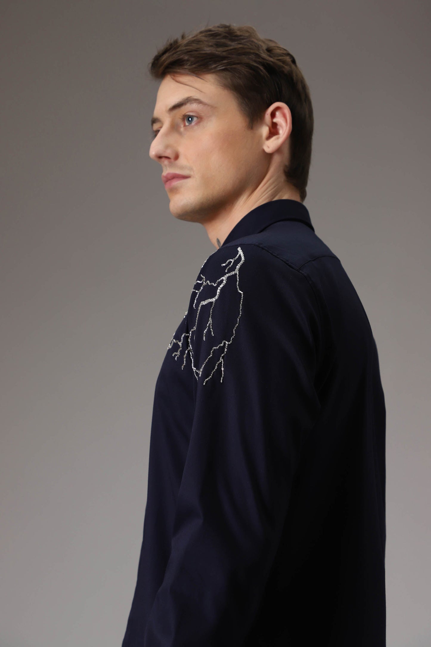 Lightening hand embroidered designer shirt - Navy