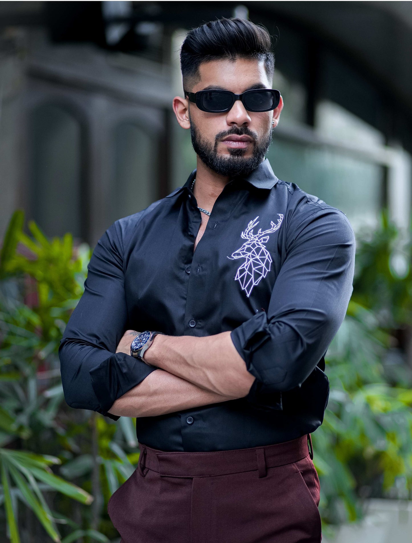 Deer Embroidered Black Premium Cotton Shirt