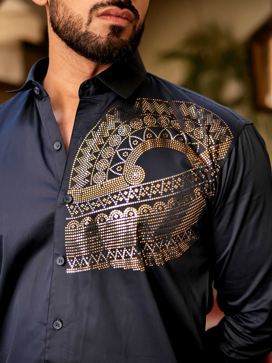 Art Navy Blue Sequence Club Wear Satin Cotton Party Shirt
