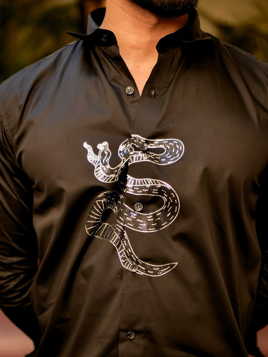 Snake Black Sequence Club Wear Satin Cotton Party Shirt