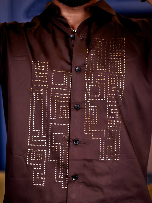 Brown Sequence Club Wear Satin Cotton Party Shirt