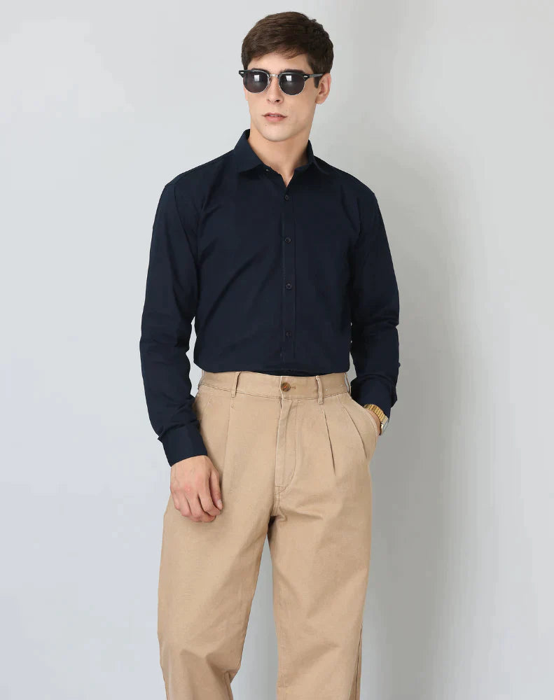 Plain Cotton Blend Solid Shirts (Navy Blue)