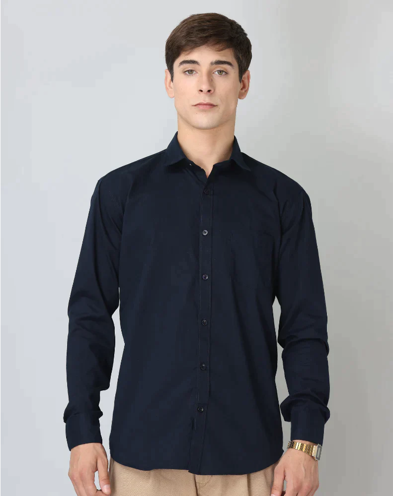 Plain Cotton Blend Solid Shirts (Navy Blue)