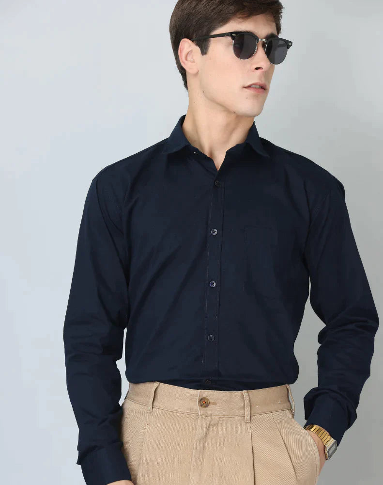 Plain Cotton Blend Solid Shirts (Navy Blue)
