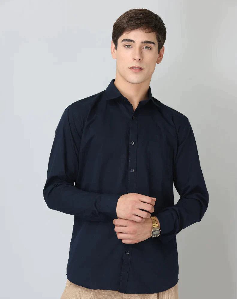 Plain Cotton Blend Solid Shirts (Navy Blue)
