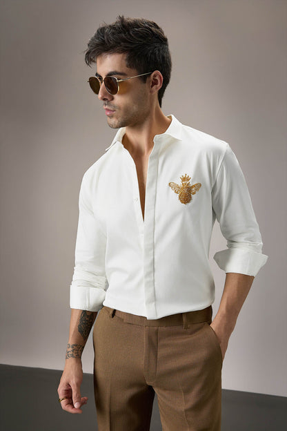 Queen Bee Hand Embroidered Designer Shirt - White