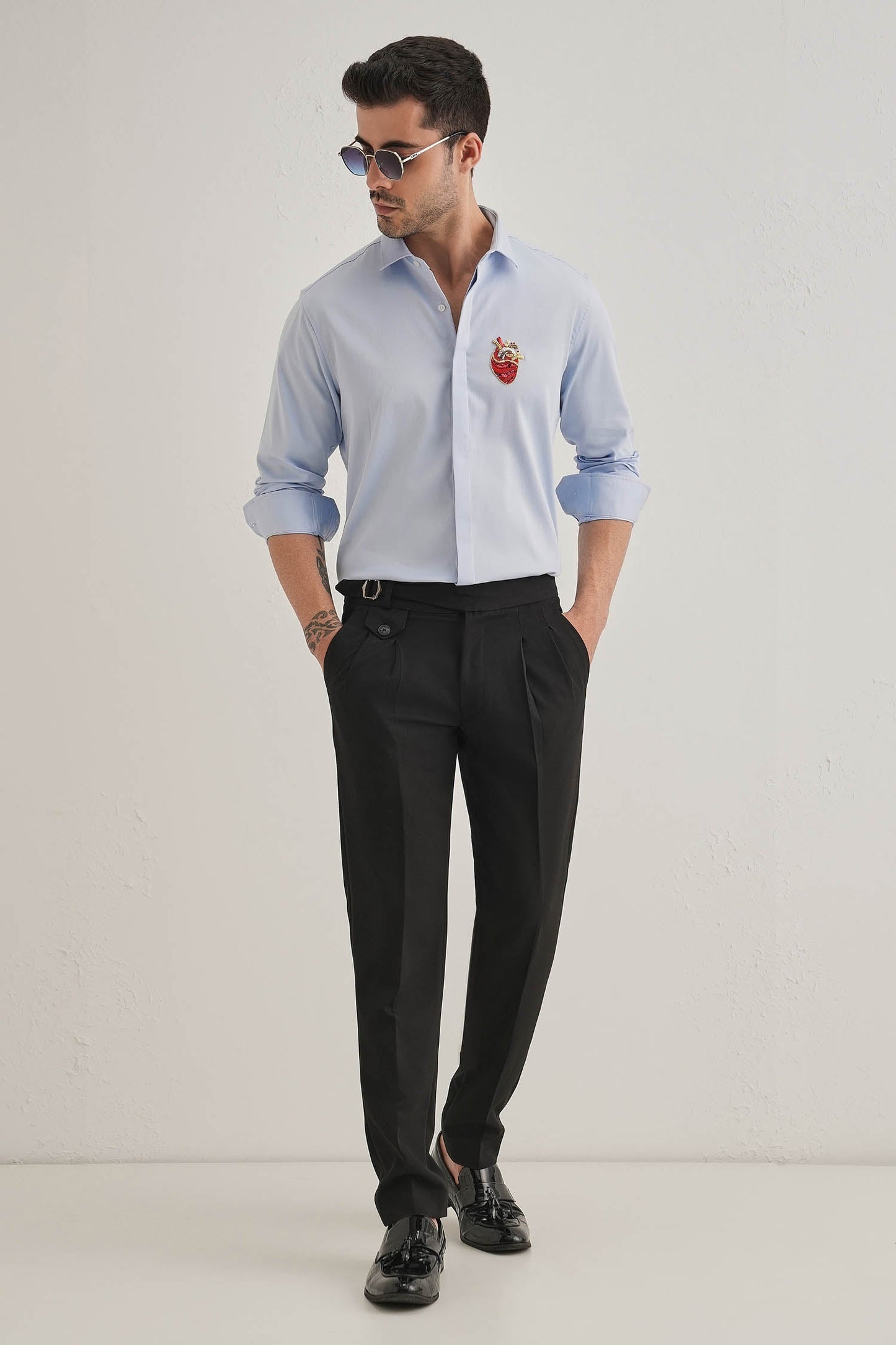 Biological Heart- Hand Embroidered Designer Shirt - Powder Blue