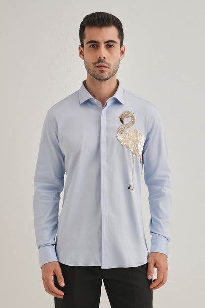 Flamingo - Hand Embroidered Designer Shirt - Powder Blue