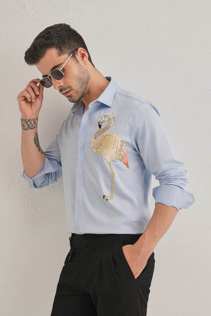 Flamingo - Hand Embroidered Designer Shirt - Powder Blue