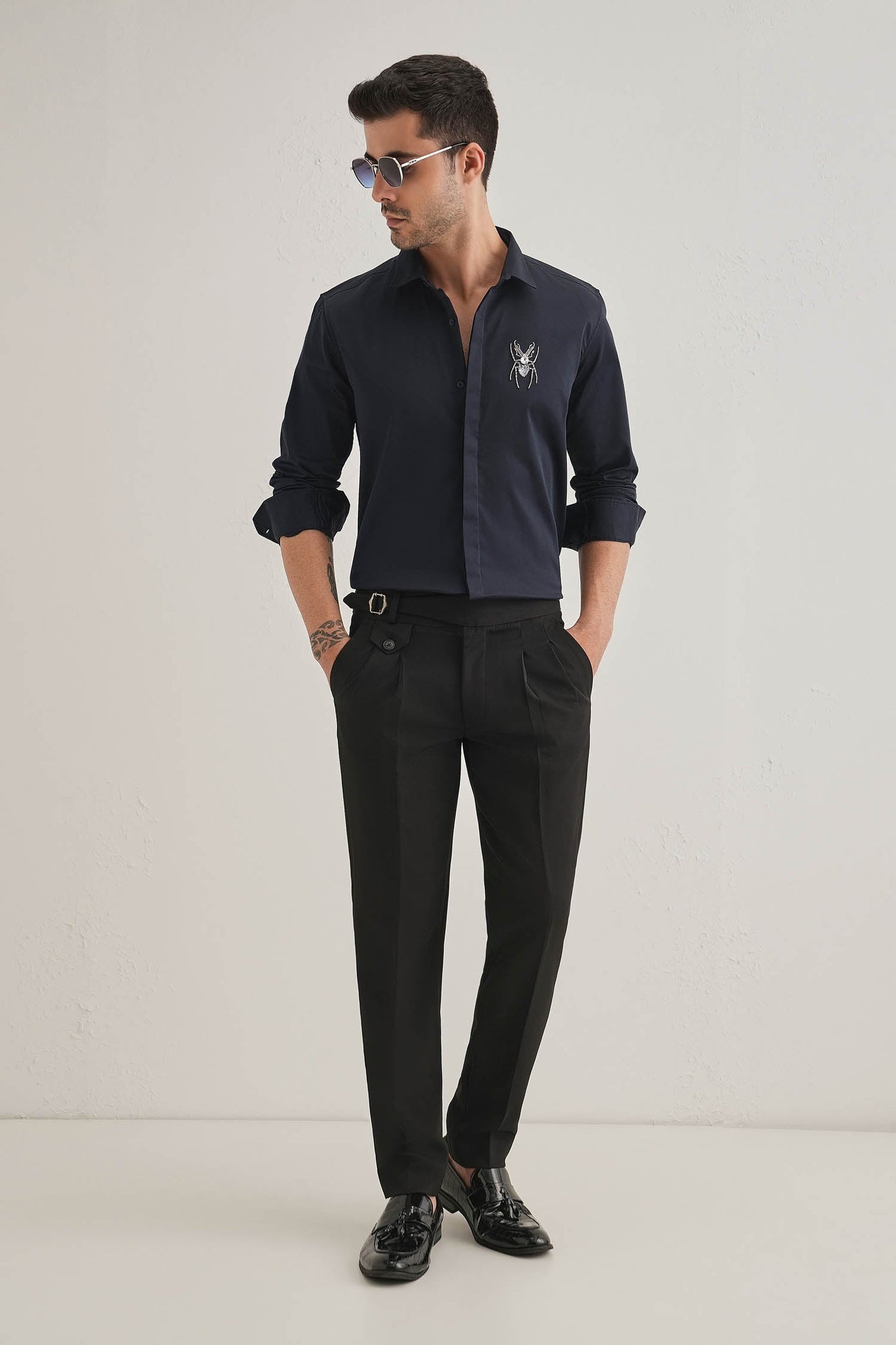 Daddy Long Legs(Spider) Hand Embroidered Designer Shirt - Navy