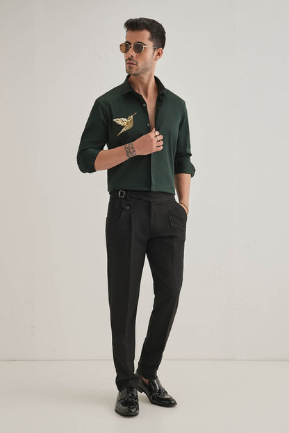 Birdie(Bird)- Hand Embroidered Designer Shirt- Bottle Green