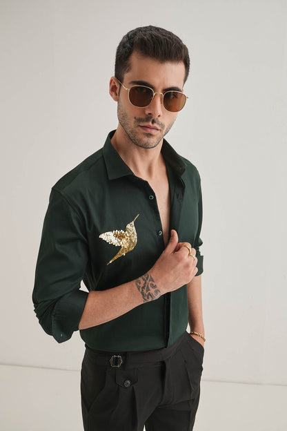 Birdie(Bird)- Hand Embroidered Designer Shirt- Bottle Green