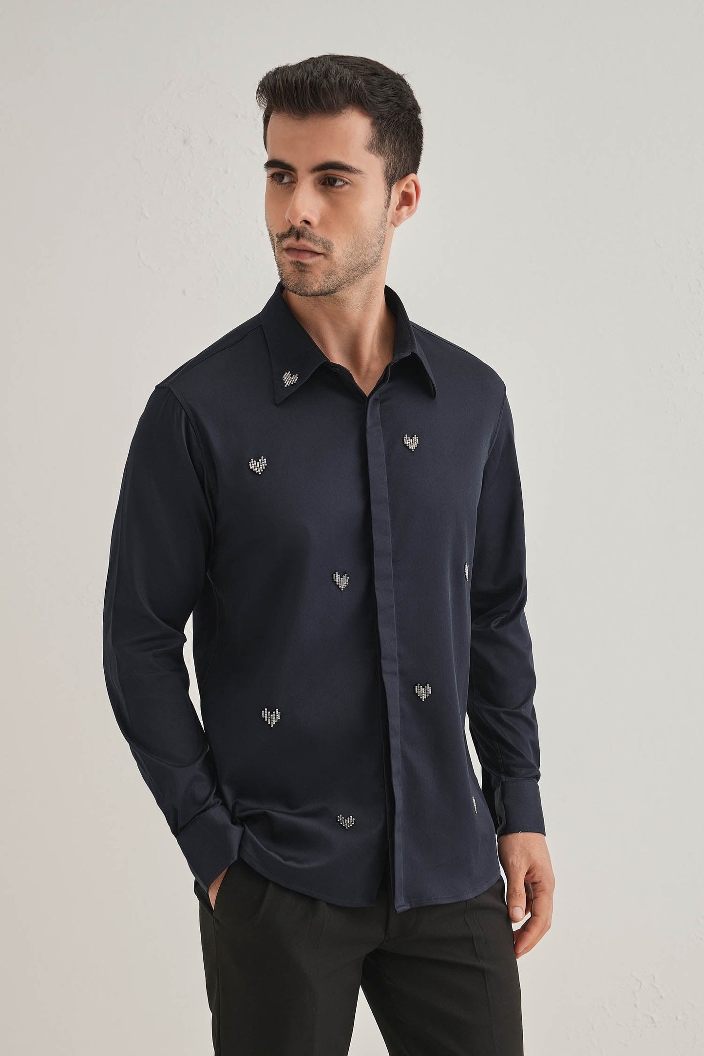 Little Heart Hand Embroidered Designer Shirt - Navy