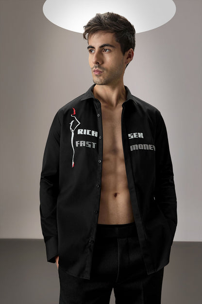 Fast Money - Hand Embroidered Designer Shirt - Black