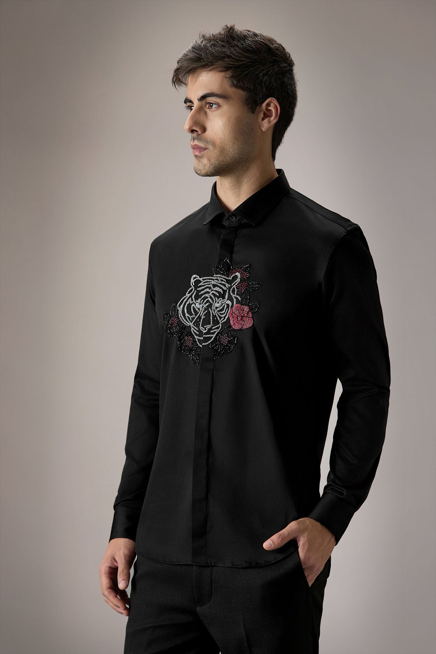 Flora and Fauna (Tiger)- Hand Embroidered Designer Shirt - Black