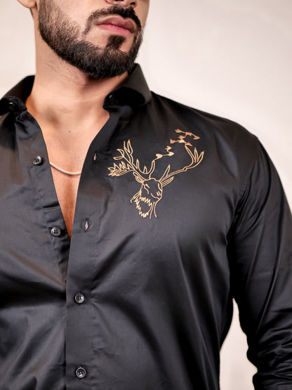 Reindeer Embroidered Black Luxury Cotton Shirt