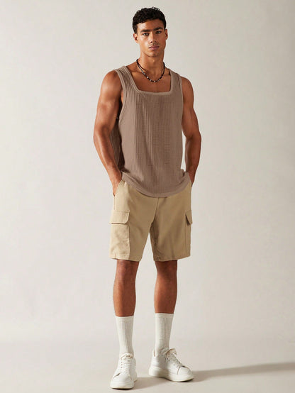 Casual square neck patterned men's tank top| mocha|