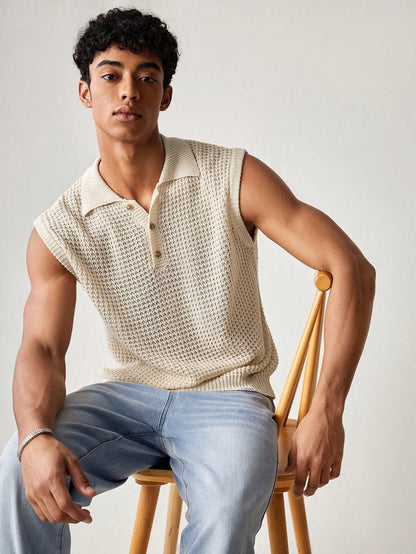 Men's Beige collared V neck tank top |summer essential|