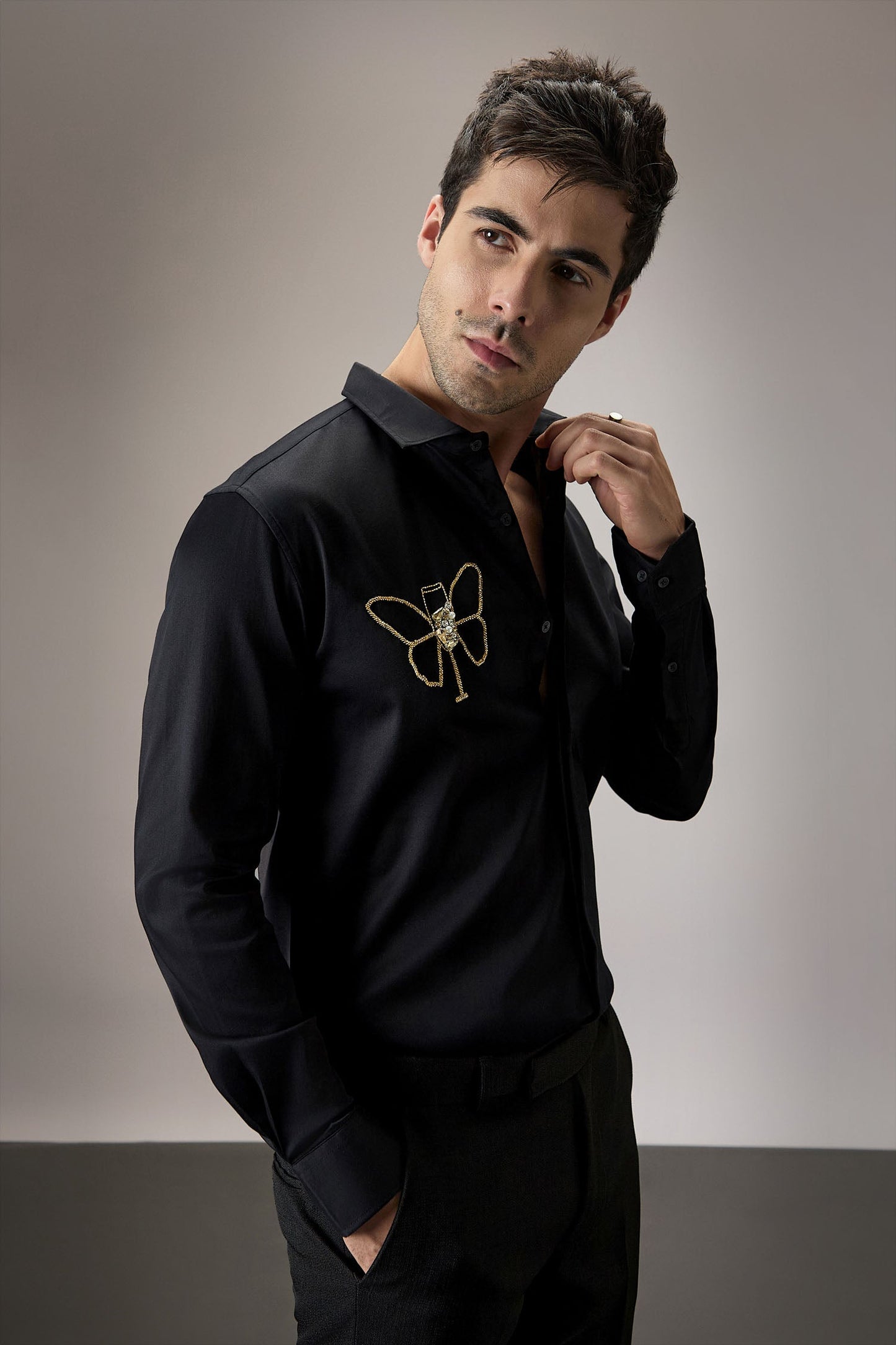 Champange Butterfly - Hand Embroidered Designer Shirt - Black