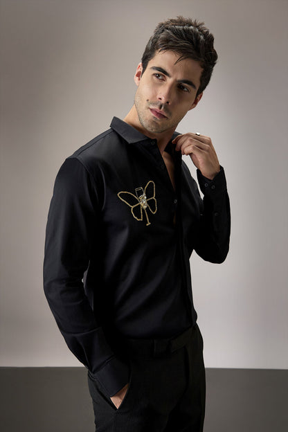 Champange Butterfly - Hand Embroidered Designer Shirt - Black