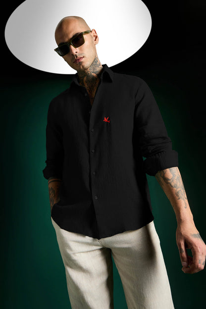 Bird Irish Linen Shirt - Black - Red
