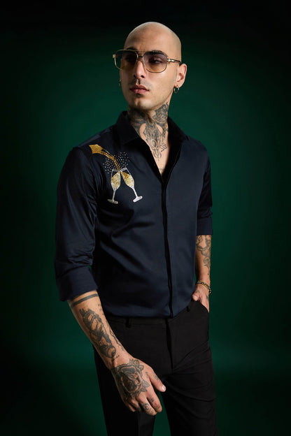 Champagne Hand Embroidered Designer Shirt - Navy