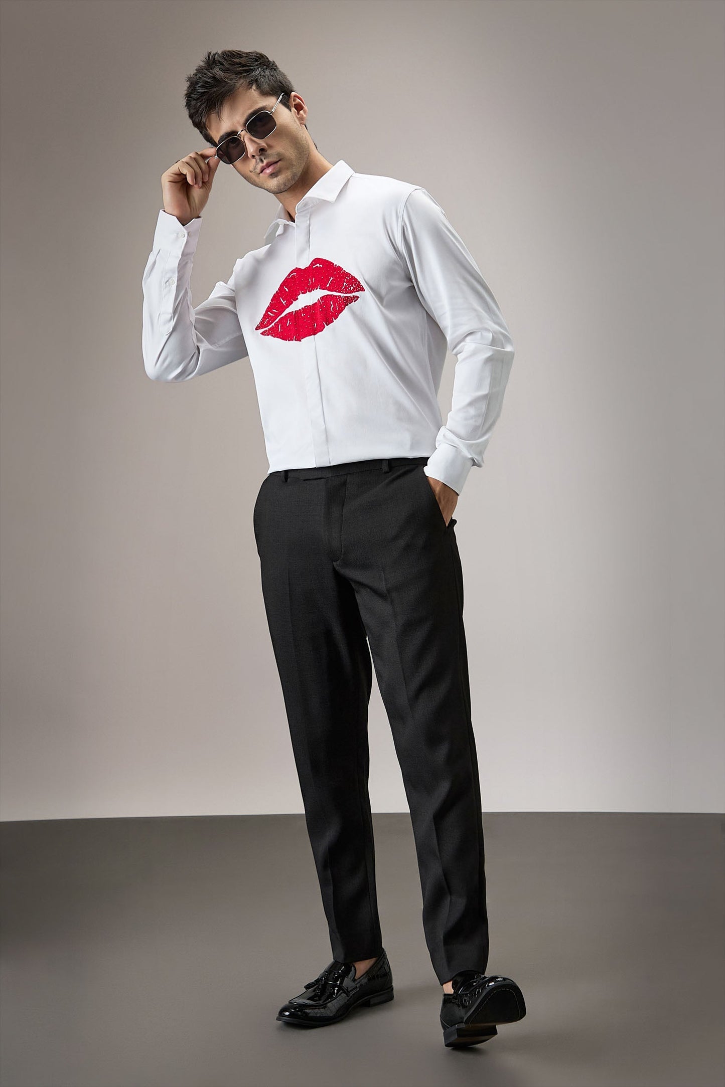 Lips- Hand Embroidered Designer Shirt - White