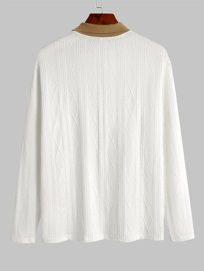 Men's Polo Collared Buttons Colorblock Geometric Jacquard Textured Knitted Long Sleeves T Shirt