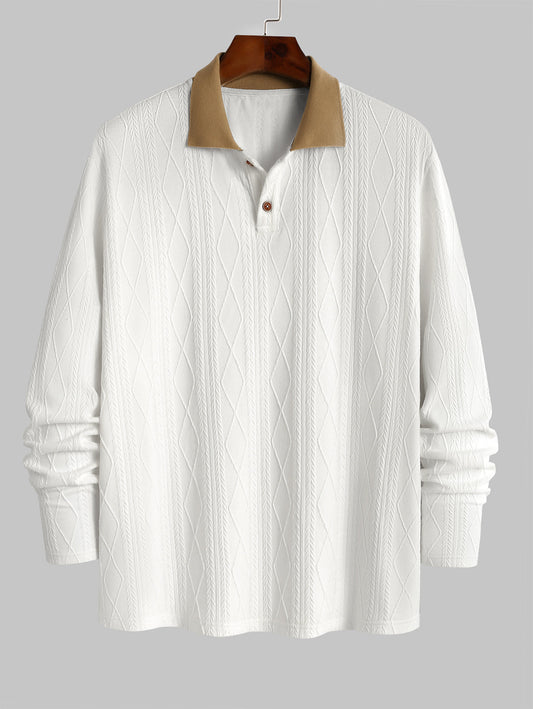 Men's Polo Collared Buttons Colorblock Geometric Jacquard Textured Knitted Long Sleeves T Shirt