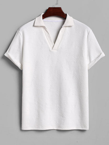 Men's Embossed Air Cotton Polo Collar V-neck Short Sleeves T-shirt