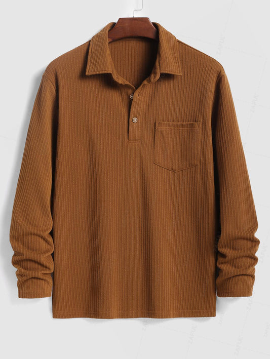 Men's Knit Ribbed Half Buttoned Front Pocket Design Polo Collar Long Sleeves T-shirt