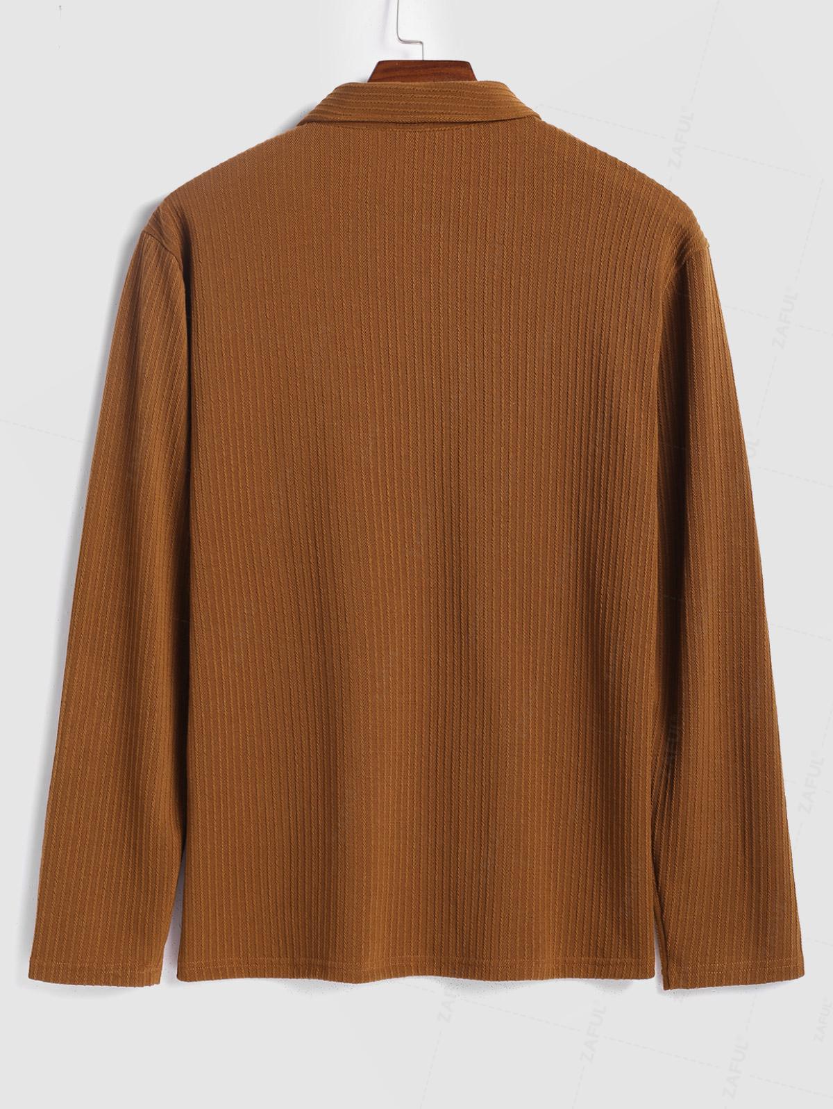 Men's Knit Ribbed Half Buttoned Front Pocket Design Polo Collar Long Sleeves T-shirt