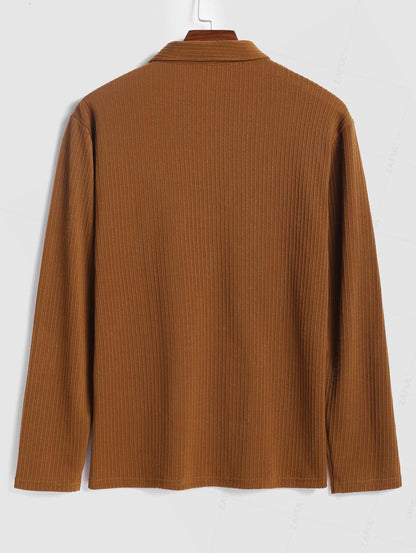 Men's Knit Ribbed Half Buttoned Front Pocket Design Polo Collar Long Sleeves T-shirt