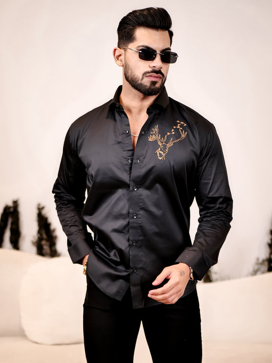 Reindeer Embroidered Black Luxury Cotton Shirt