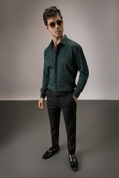 Heart Allover - Hand Embroidered Designer Shirt - Bottle Green