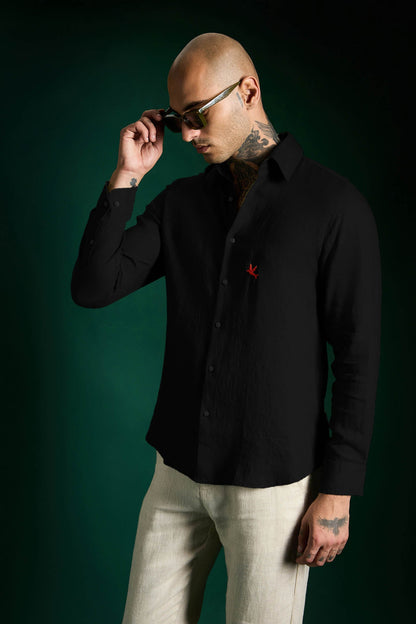 Bird Irish Linen Shirt - Black - Red
