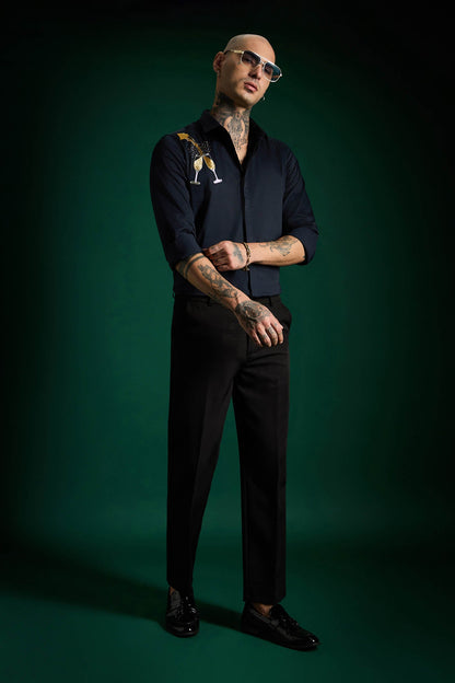 Champagne Hand Embroidered Designer Shirt - Navy