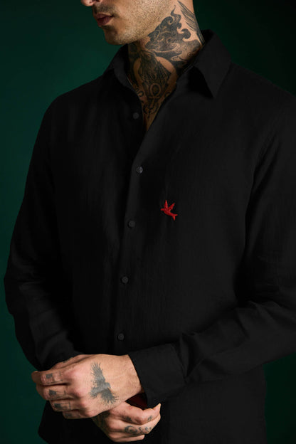 Bird Irish Linen Shirt - Black - Red