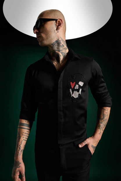 Heart Skull - Black Hand Embroidered Designer Shirt