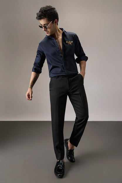 Wasp - Hand Embroidered Designer Shirt - Navy