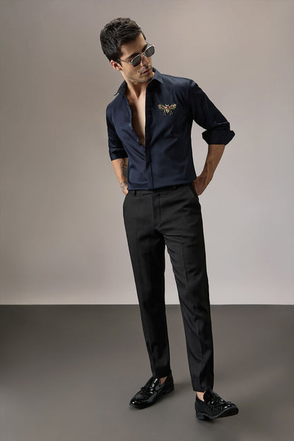 Wasp - Hand Embroidered Designer Shirt - Navy