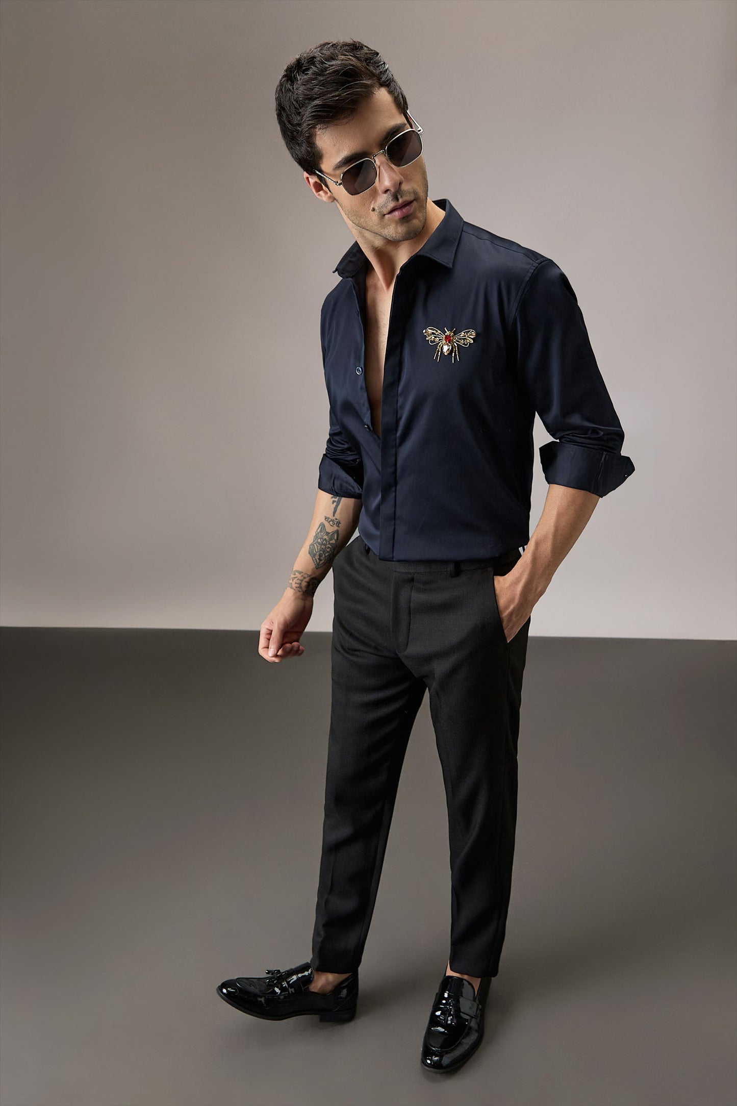 Wasp - Hand Embroidered Designer Shirt - Navy