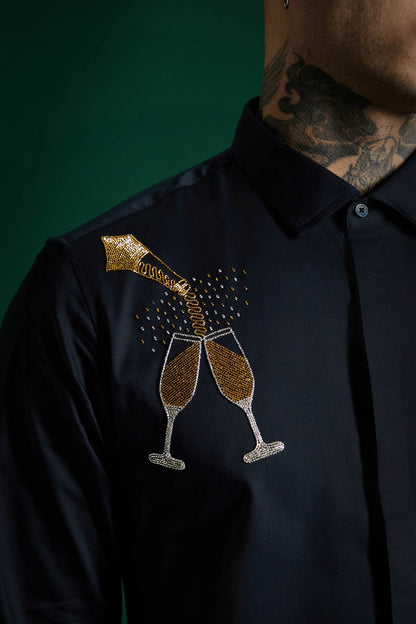 Champagne Hand Embroidered Designer Shirt - Navy