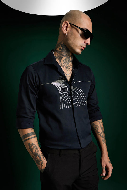 Sparkler Hand Embroidered Designer Shirt - Navy