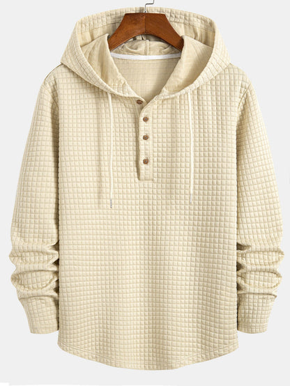 Long Sleeve Waffle Half Button Placket Arc Hem Hooded T-shirt